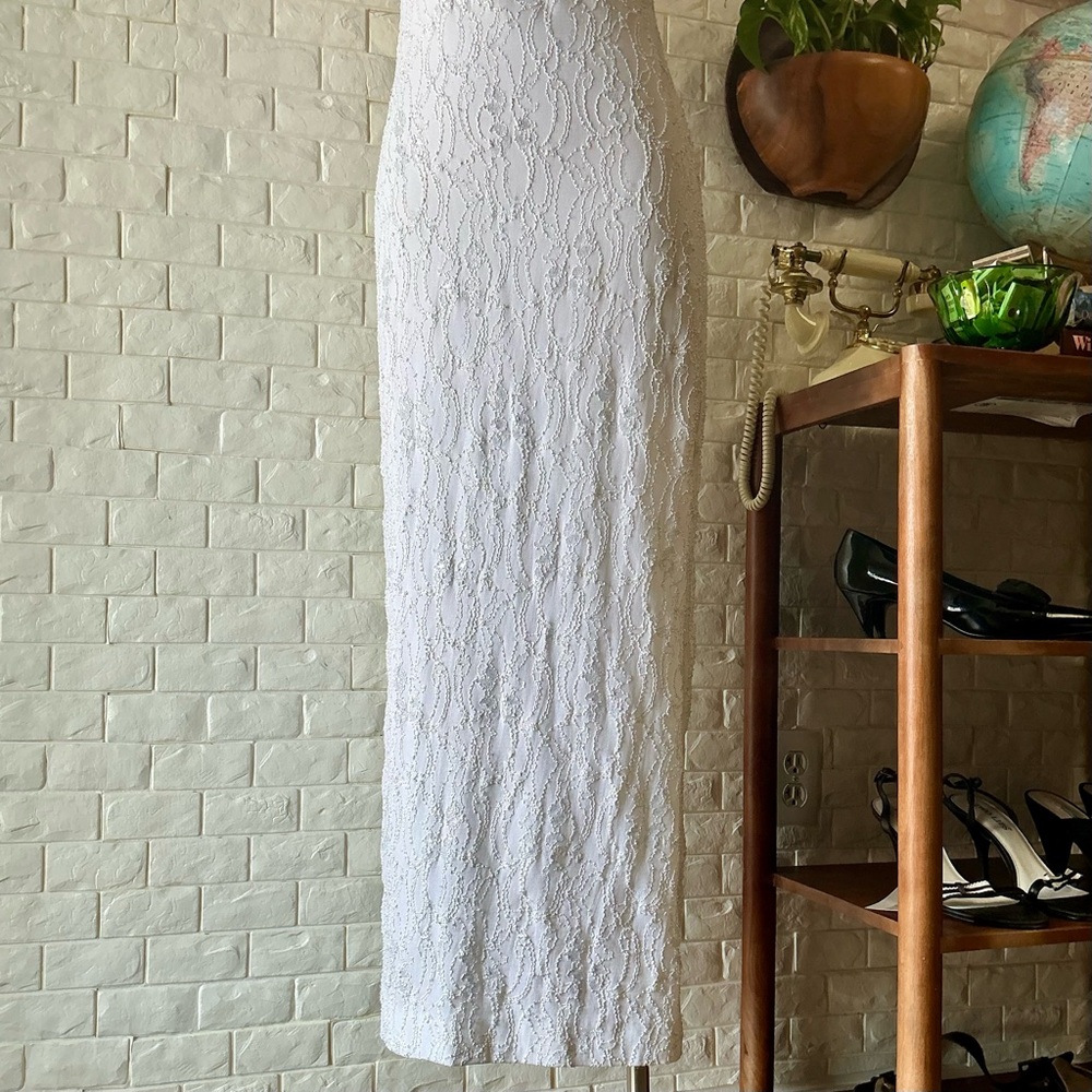 Vintage 1990s White Lace Overlay Bodycon Formal Dress Side Cut-Outs Scoop Back - Picture 8 of 14